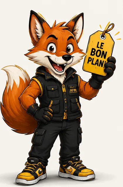 La mascotte renard d'Au Filon Malin brandit une étiquette « Le bon plan »